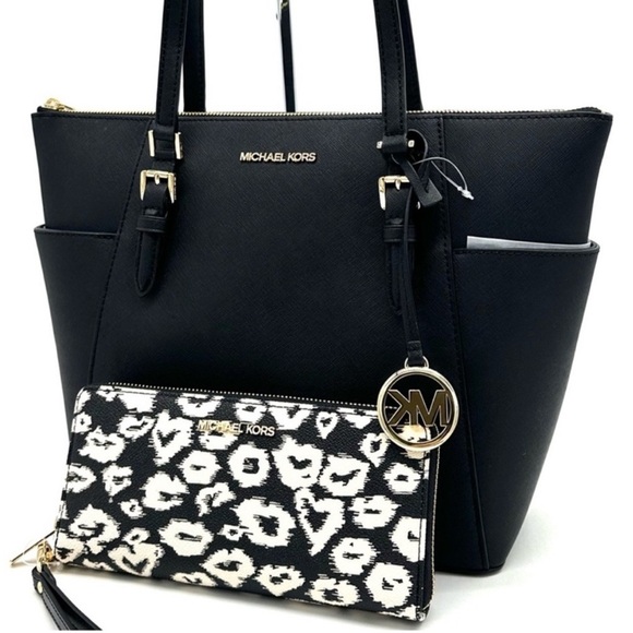 Michael Kors Large Charlotte Tote Bag & Large Continental Wallet Wristlet Black - Picture 1 of 15